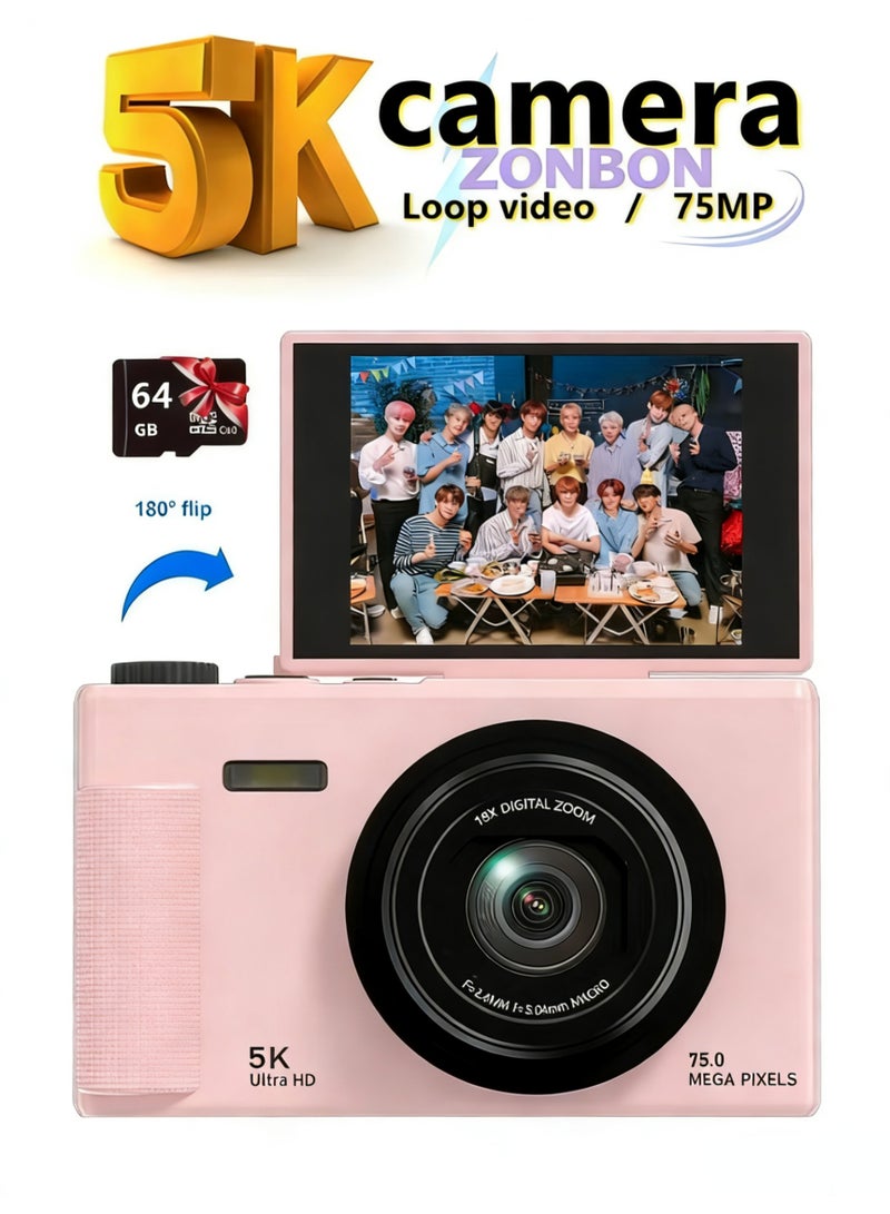 ZONBON 5K Digital Camera, 75MP Camera Digital for Photography, Point and Shoot Camara with 64GB Micro SD Card, 18X Digital Camera with 2.8" 180° Flip Screen, Vlogging Camera for Beginner Gift - Image 1